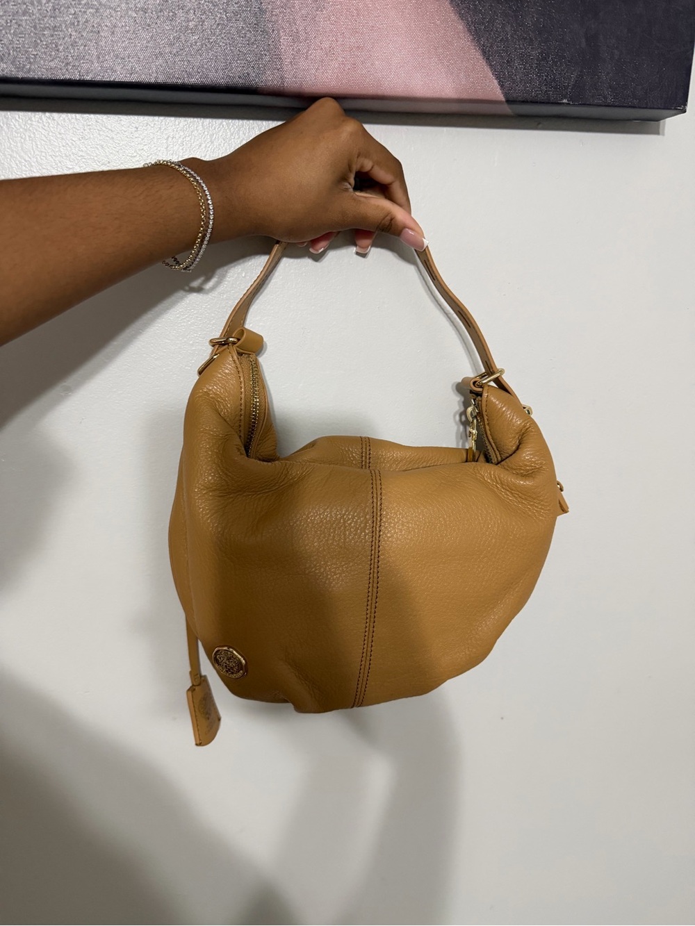 Vince Camuto Beige Pebbled Leather Hobo Shoulder Bag | Slouchy Crescent Purse